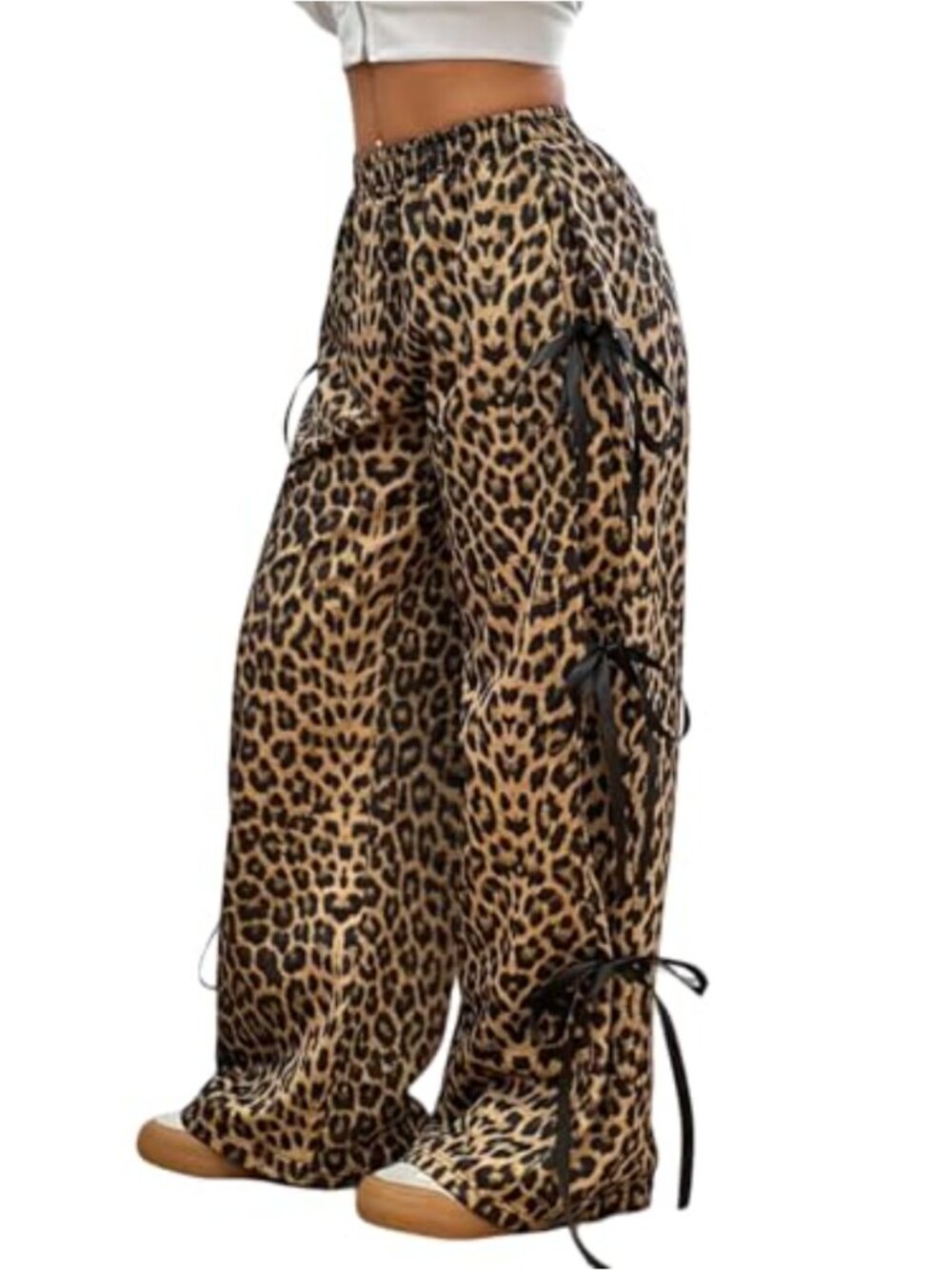 Women's Baggy Leopard Print Pants Pull On Trousers Low Rise Wide Leg